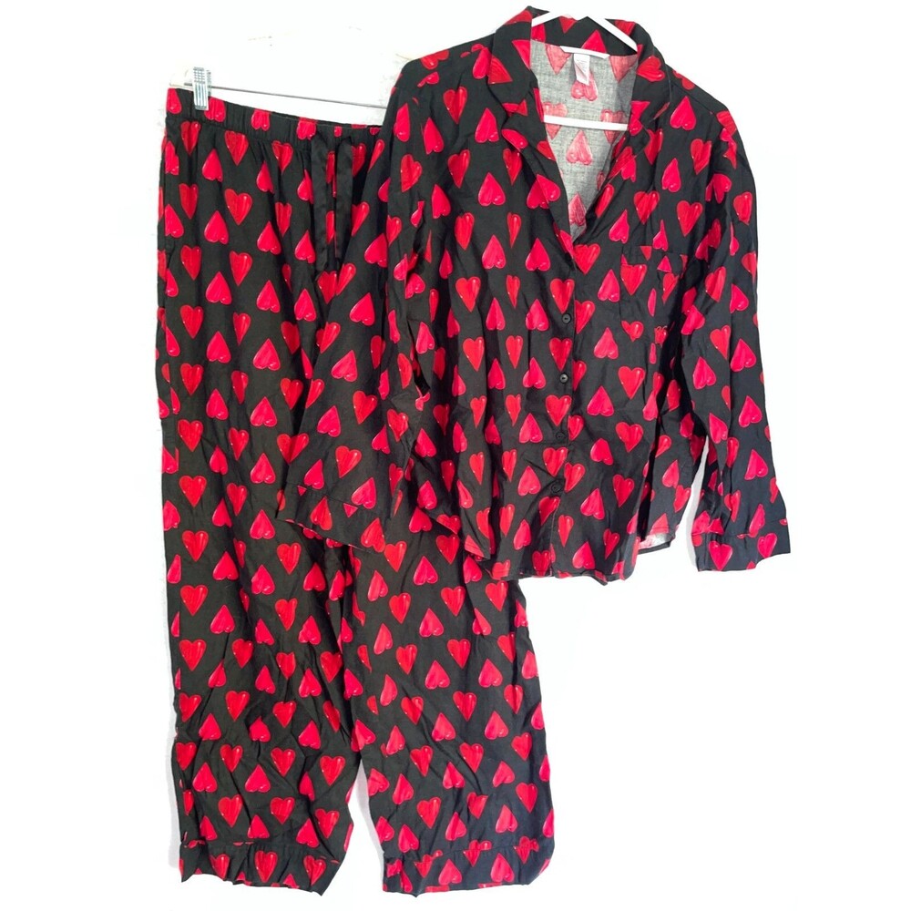 Victoria’s Secret XL Short 2-Pc Pajama Set Black Red Heart Flannel Women's